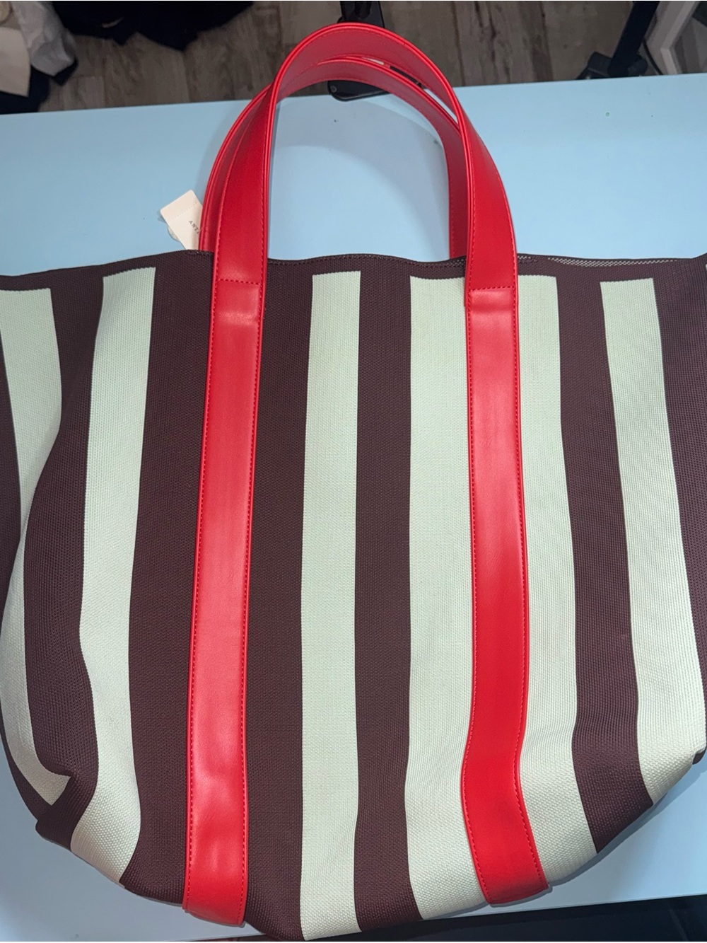 Anthropologie Oversized Striped Tote with Red Handles
